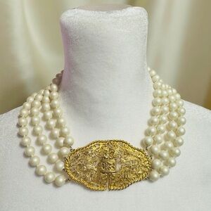 Vintage Faux Pearl 4  Strand GENO Ornate Filigree Baroque Gold Clasp 16”